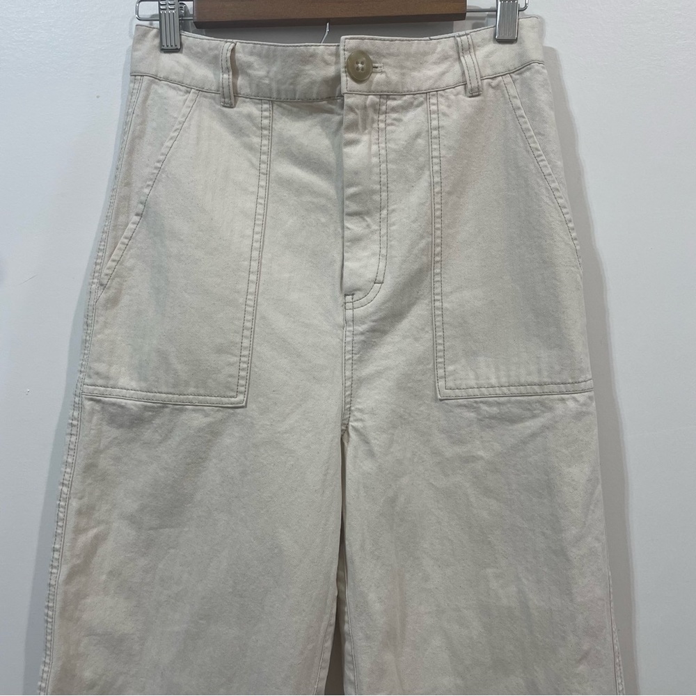 Free People Wide Leg Buckle Strap In Back Beige High Waist Carpenter Pant Size 4 - Picture 3 of 5